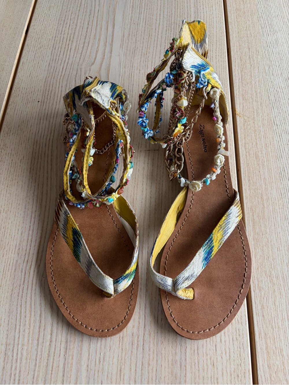 Zigisoho Yellow Multi Beaded Tie-Ankle Sandals
